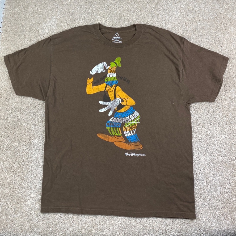Disney Parks Goofy Word Art Graphic T-Shirt Brown Mens XL‎ Hanes Cotton